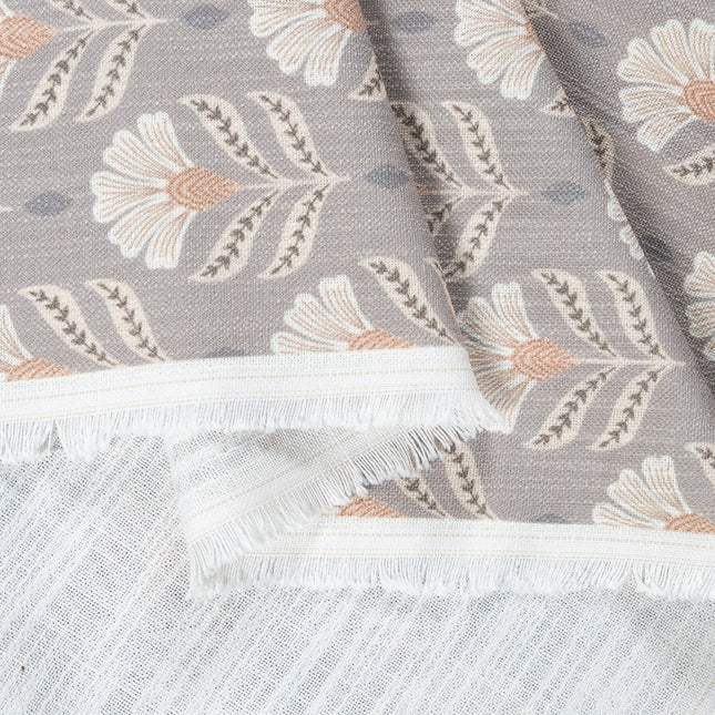 Slate Brown Colour with Terracotta and White Floral Motif All Over Print Curtain Fabric