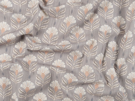 Slate Brown Colour with Terracotta and White Floral Motif All Over Print Curtain Fabric