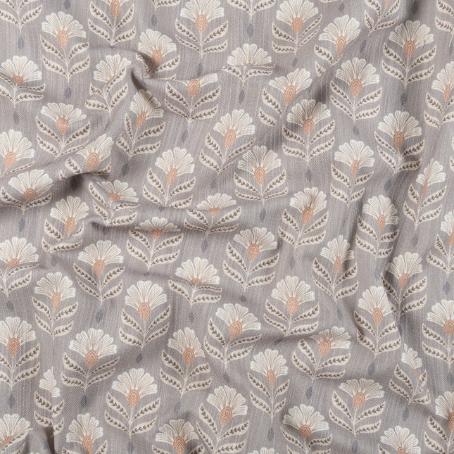 Slate Brown Colour with Terracotta and White Floral Motif All Over Print Curtain Fabric