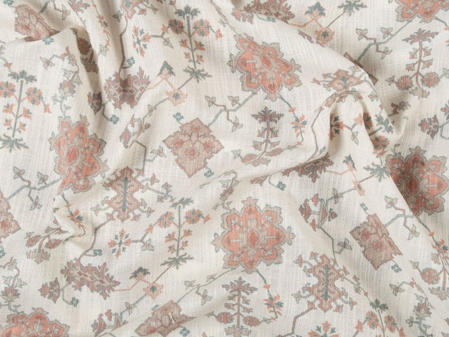 Off-White Colour with Terracotta and Taupe Ethnic Floral  All Over Print Curtain Fabric