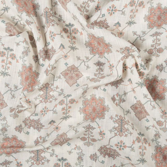 Off-White Colour with Terracotta and Taupe Ethnic Floral  All Over Print Curtain Fabric