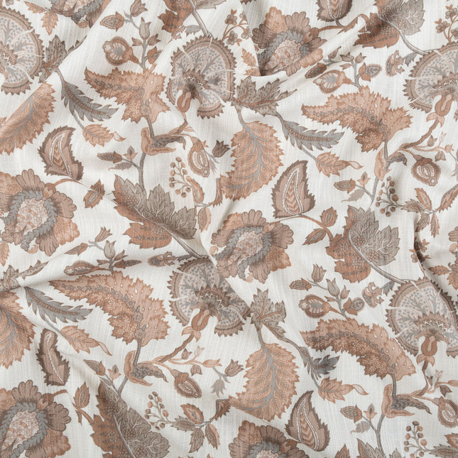 Off-White Colour with Terracotta and Taupe Vintage Botanical All Over Print Curtain Fabric