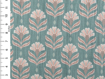 Teal Colour with Terracotta Floral Motif All Over Print Curtain Fabric