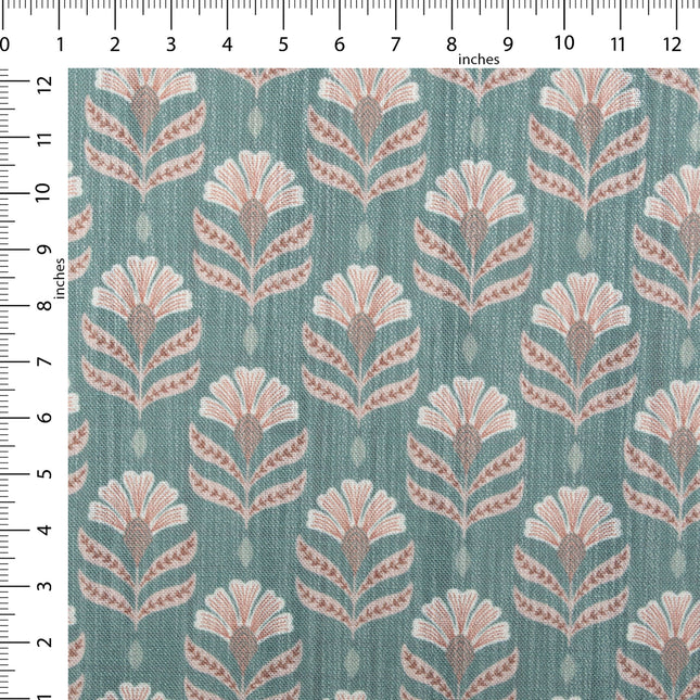 Teal Colour with Terracotta Floral Motif All Over Print Curtain Fabric