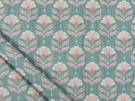 Teal Colour with Terracotta Floral Motif All Over Print Curtain Fabric