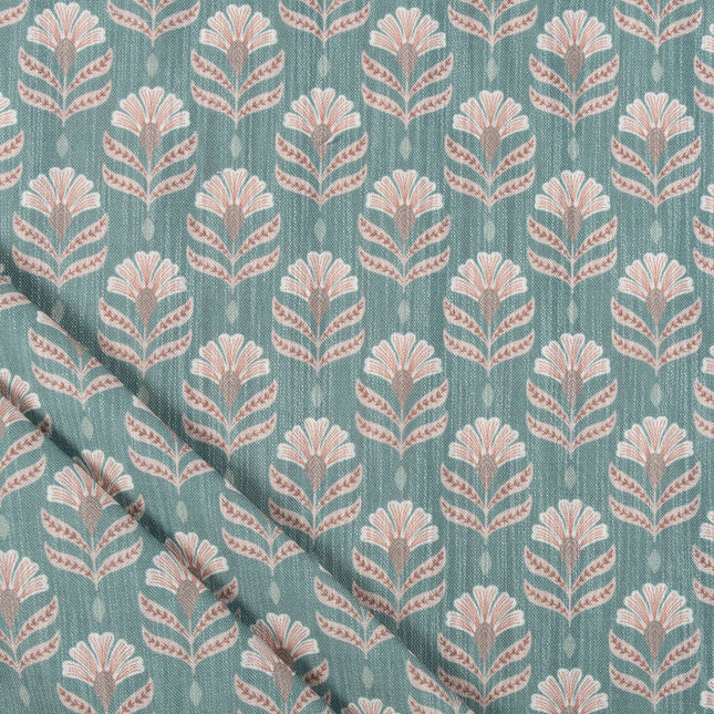 Teal Colour with Terracotta Floral Motif All Over Print Curtain Fabric