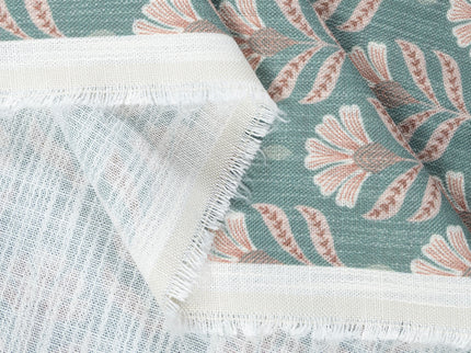 Teal Colour with Terracotta Floral Motif All Over Print Curtain Fabric
