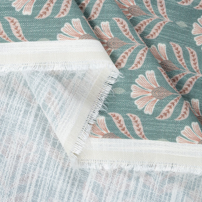 Teal Colour with Terracotta Floral Motif All Over Print Curtain Fabric