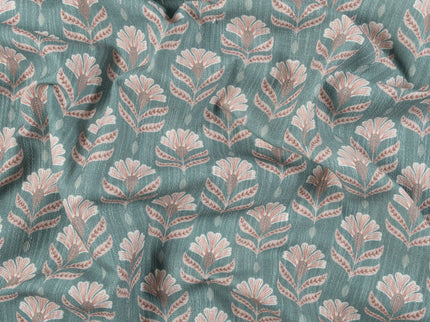 Teal Colour with Terracotta Floral Motif All Over Print Curtain Fabric