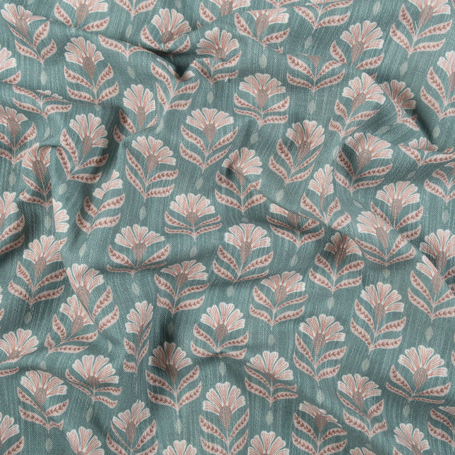 Teal Colour with Terracotta Floral Motif All Over Print Curtain Fabric