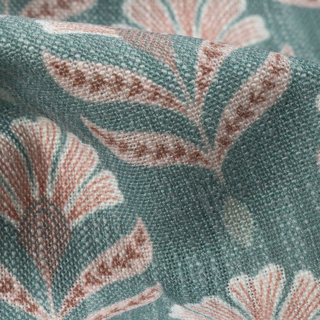 Teal Colour with Terracotta Floral Motif All Over Print Curtain Fabric