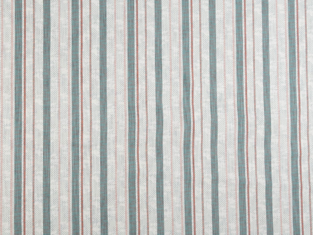 Off-White Colour with Sage Green and Terracotta Vertical Stripe Print Curtain Fabric