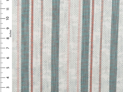 Off-White Colour with Sage Green and Terracotta Vertical Stripe Print Curtain Fabric