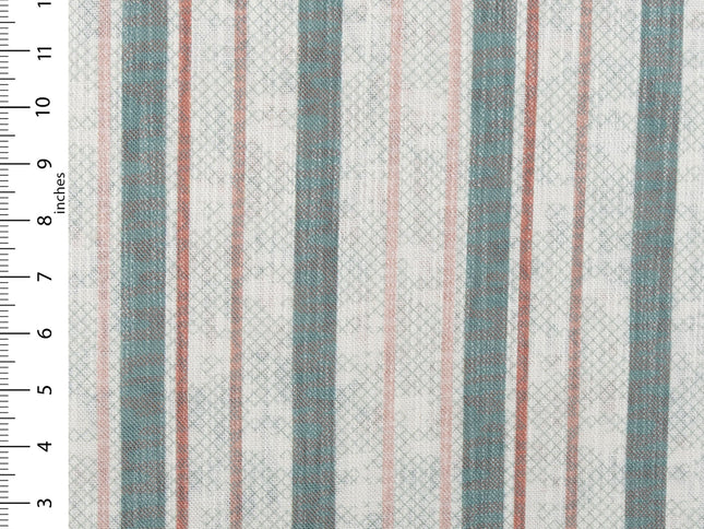 Off-White Colour with Sage Green and Terracotta Vertical Stripe Print Curtain Fabric