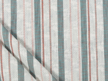 Off-White Colour with Sage Green and Terracotta Vertical Stripe Print Curtain Fabric