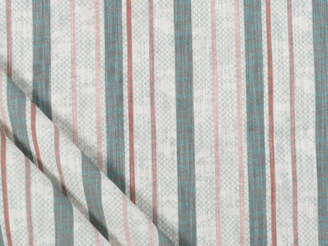 Off-White Colour with Sage Green and Terracotta Vertical Stripe Print Curtain Fabric
