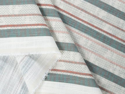 Off-White Colour with Sage Green and Terracotta Vertical Stripe Print Curtain Fabric