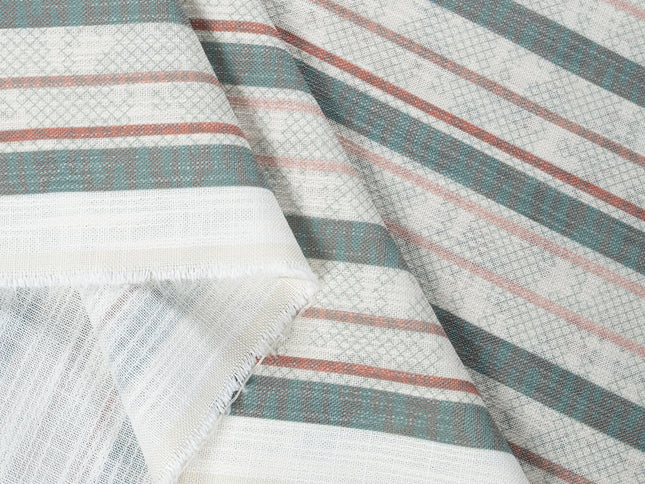 Off-White Colour with Sage Green and Terracotta Vertical Stripe Print Curtain Fabric