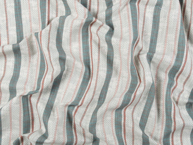 Off-White Colour with Sage Green and Terracotta Vertical Stripe Print Curtain Fabric