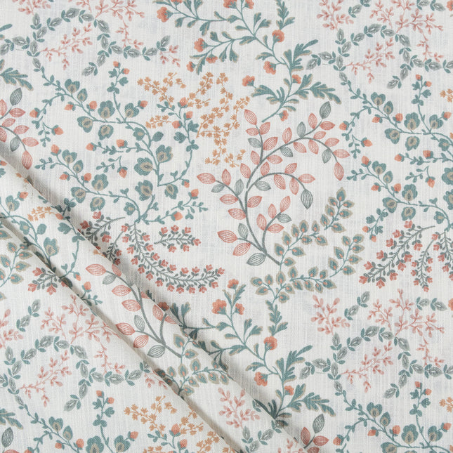 Off-White Colour with Terracotta, Sage Green and Mustard Botanical Vine All Over Print Curtain Fabric