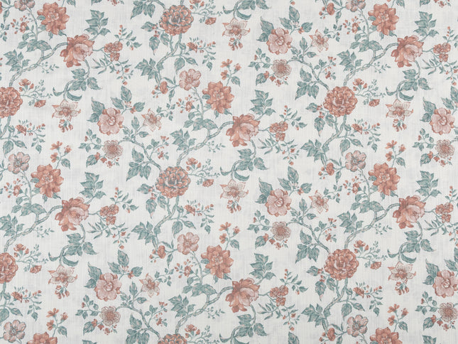 Off-White Colour with Terracotta and Sage Green Vintage Floral Vine All Over Print Curtain Fabric