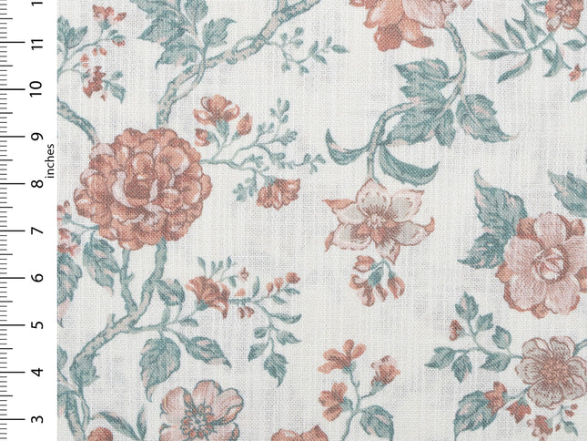 Off-White Colour with Terracotta and Sage Green Vintage Floral Vine All Over Print Curtain Fabric