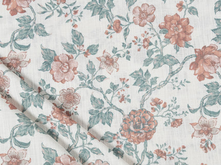 Off-White Colour with Terracotta and Sage Green Vintage Floral Vine All Over Print Curtain Fabric