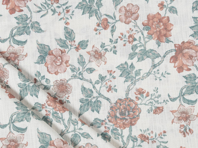Off-White Colour with Terracotta and Sage Green Vintage Floral Vine All Over Print Curtain Fabric