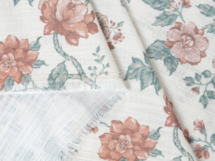 Off-White Colour with Terracotta and Sage Green Vintage Floral Vine All Over Print Curtain Fabric