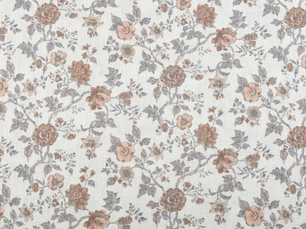 Off-White Colour with Terracotta and Slate Grey Vintage Floral Vine All Over Print Curtain Fabric