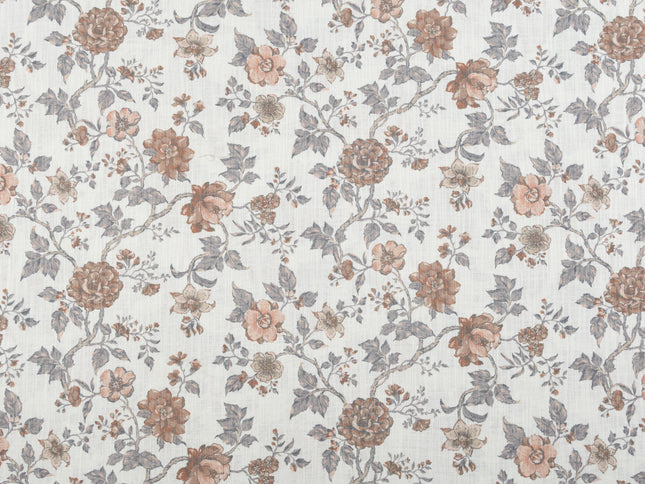 Off-White Colour with Terracotta and Slate Grey Vintage Floral Vine All Over Print Curtain Fabric