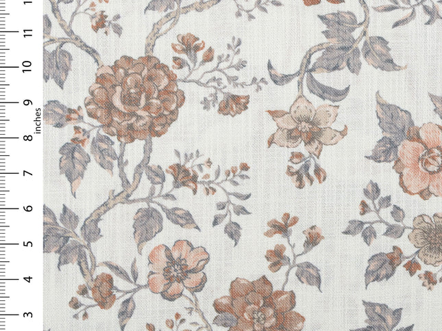 Off-White Colour with Terracotta and Slate Grey Vintage Floral Vine All Over Print Curtain Fabric