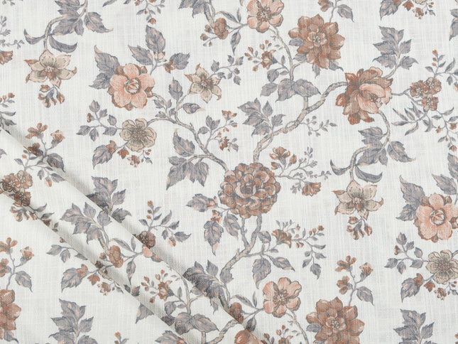Off-White Colour with Terracotta and Slate Grey Vintage Floral Vine All Over Print Curtain Fabric