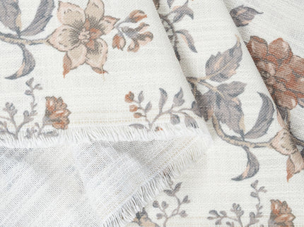 Off-White Colour with Terracotta and Slate Grey Vintage Floral Vine All Over Print Curtain Fabric
