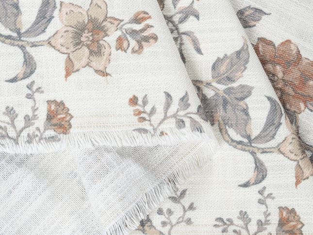 Off-White Colour with Terracotta and Slate Grey Vintage Floral Vine All Over Print Curtain Fabric