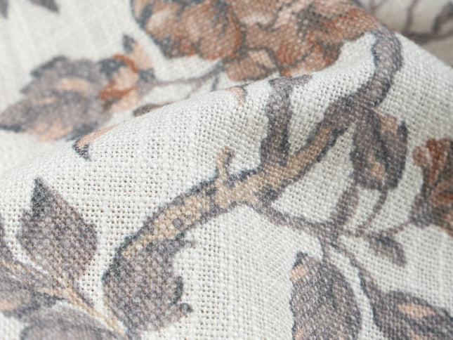 Off-White Colour with Terracotta and Slate Grey Vintage Floral Vine All Over Print Curtain Fabric