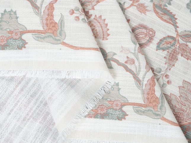 Off-White Colour with Terracotta and Sage Green Vintage Botanical All Over Print Curtain Fabric