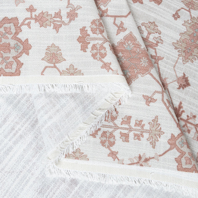Off-White Colour with Terracotta Ethnic Floral All Over Print Curtain Fabric