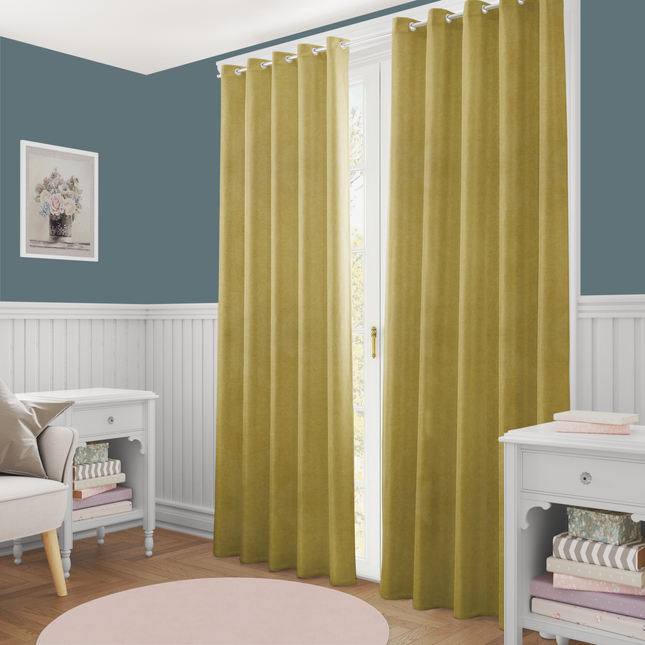 Dark Yellow Colour Textured Velvet Flock Readymade Curtain