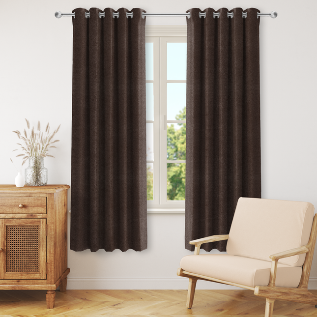 Dark Brown colour Colour Textured Velvet Flock Readymade Curtain