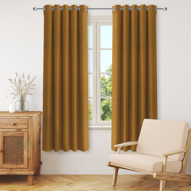 Ochre Dark Yellow Colour Textured Velvet Flock Readymade Curtain