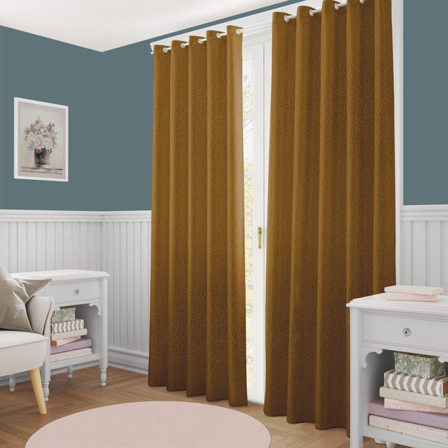 Ochre Dark Yellow Colour Textured Velvet Flock Readymade Curtain