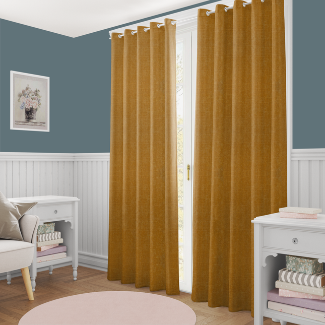 Drab Yellow Colour Textured Velvet Flock Readymade Curtain