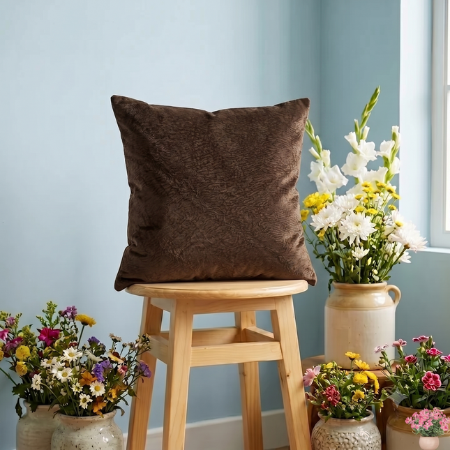 Medium Brown Colour Textured Velvet Flock Readymade cushion cover