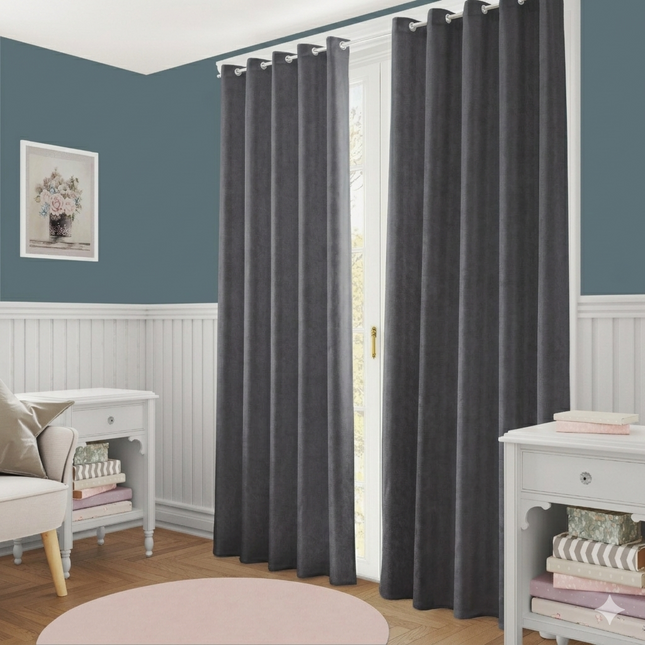 Dark Grey Colour Plain Velvet Flock Easy Clean Readymade Curtain