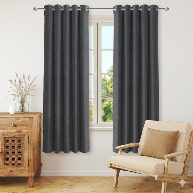 Dark Grey Colour Plain Velvet Flock Easy Clean Readymade Curtain
