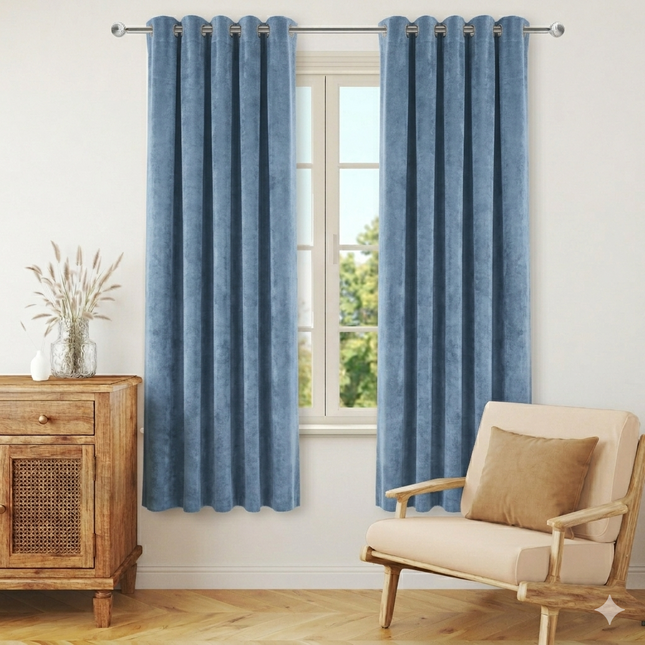 Light Grey Colour Plain Velvet Flock Easy Clean Readymade Curtain