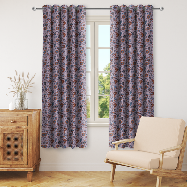 Mustard and blue Floral and Leaves Pattern Velvet Readymade Curtain