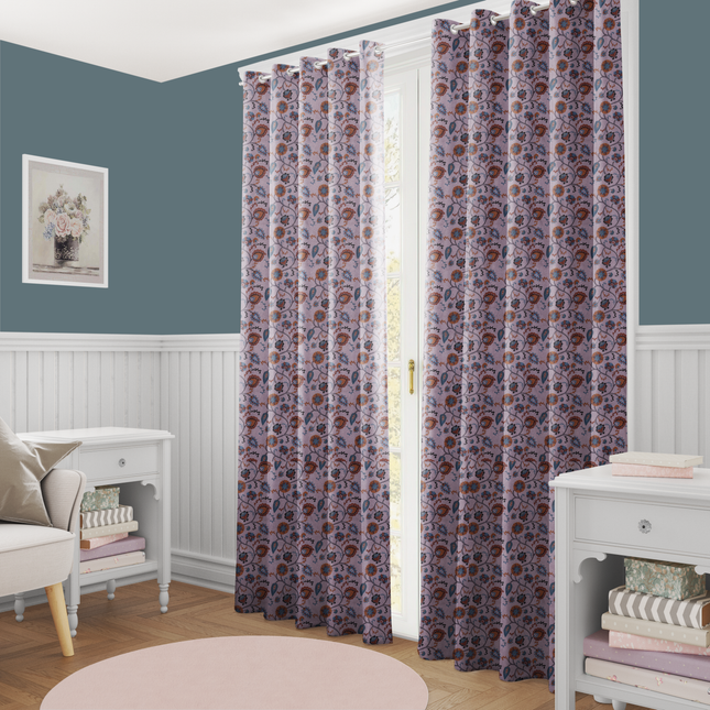 Mustard and blue Floral and Leaves Pattern Velvet Readymade Curtain