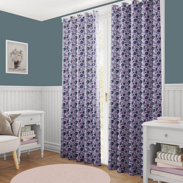 Green and Blue Floral and Leaves Pattern Velvet Readymade Curtain